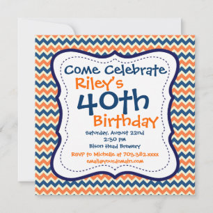 Invitation Blue Orange Chevron 40e anniversaire de fête Invit