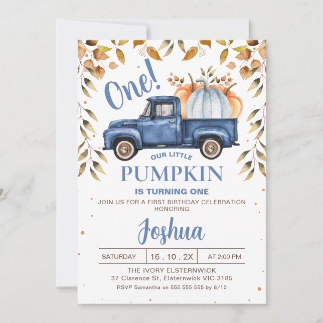 Invitation Blue Orange Citrouille Camion Foliting 1er anniver (Devant)