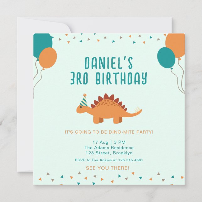 Invitation Blue Orange Cute Dinosaur fête d'anniversaire (Devant)