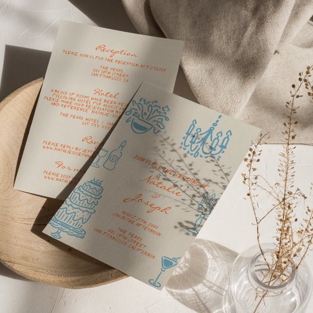 Invitation Blue Orange Drawn Whimsical All In One Wedding (Créateur téléchargé)