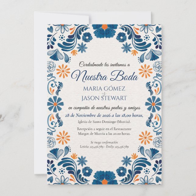 Invitation Blue Orange Floral Elegant Fiesta Spanish Wedding (Devant)