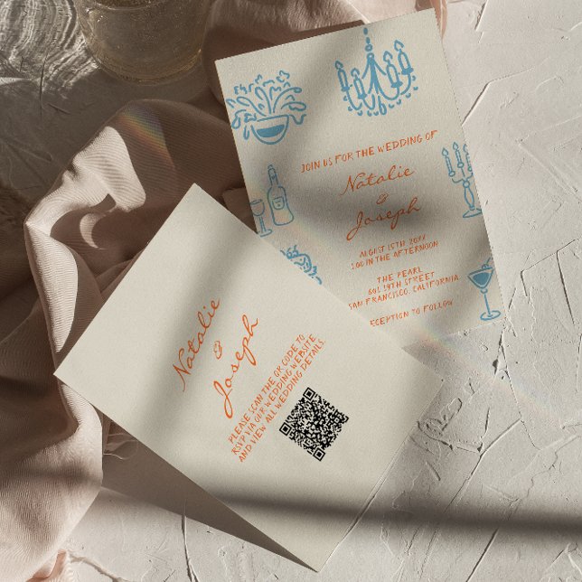 Invitation Blue Orange Hand Drawn Whimsical QR Code Wedding (Créateur téléchargé)