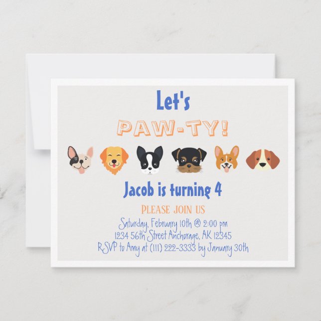 Invitation Blue Orange Let's Pawty Puppy Boy Anniversaire  (Devant)