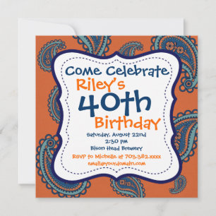 Invitation Blue Orange Paisley 40e anniversaire de fête Invit
