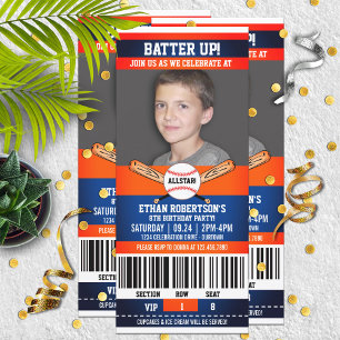 Invitation Blue Orange Ticket Style Baseball Anniversaire