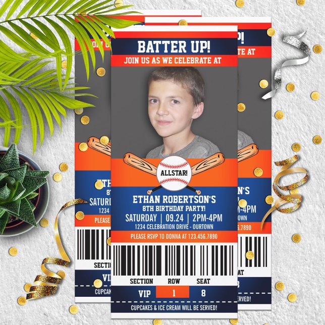 Invitation Blue|Orange Ticket Style Baseball Anniversaire (Créateur téléchargé)