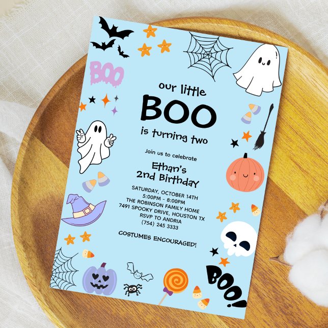 Invitation Blue Our Little Boo Boy Halloween 2e anniversaire (Blue Our Little Boo Boy Halloween 2nd Birthday Invitation )