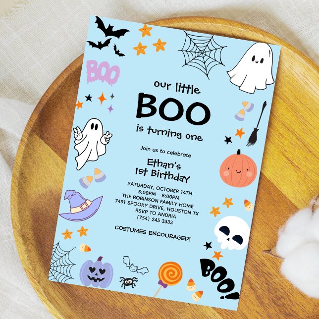 Invitation Blue Our Little Boo Halloween 1er anniversaire (Blue Our Little Boo is Turning One Boy Halloween 1st Birthday Invitation )