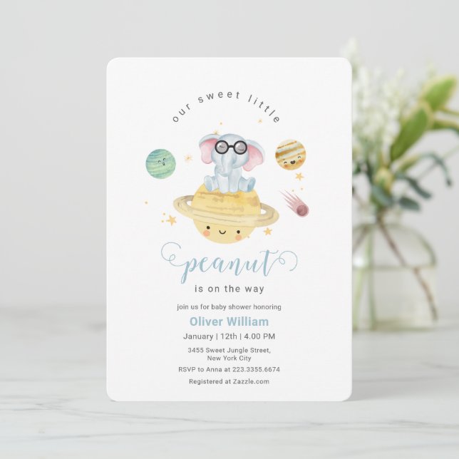 Invitation Blue Outer Space Elephant Baby Shower  (Debout devant)