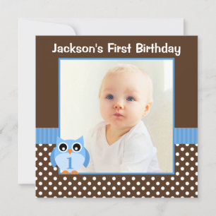 Invitation Blue Owl Brown Polka Dot 1er Birthday Boy Photo