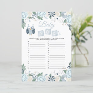 Invitation Blue Owl Floral Baby shower Baby ABC's Game Card