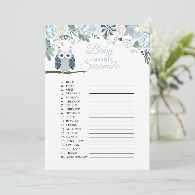Invitation Blue Owl Floral Baby Word Scramble Game Card (Debout devant)