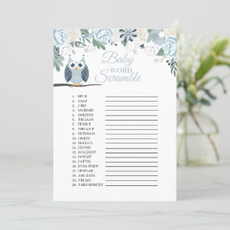 Invitation Blue Owl Floral Baby Word Scramble Game Card