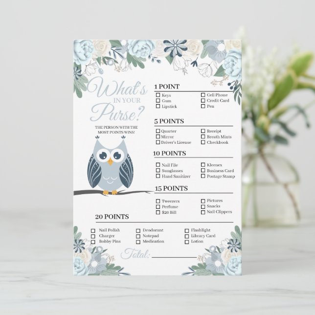 Invitation Blue Owl Floral What's In Your Purse Game Card (Debout devant)