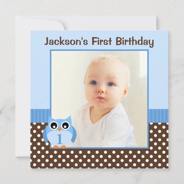 Invitation Blue Owl Pois Brown 1er Birthday Boy Photo (Devant)