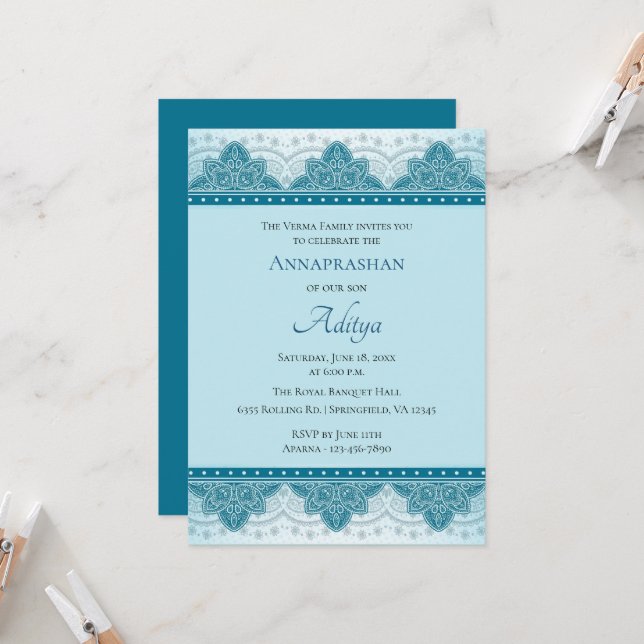 Invitation Blue Paisley Annaprashan | Premier riz (Devant/Arrière en situation)