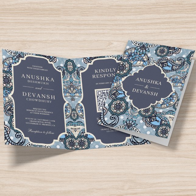 Invitation Blue Paisley Motif QR Code Mariage indien (Créateur téléchargé)