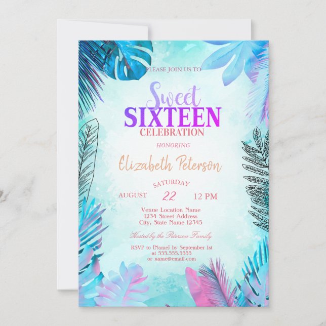 Invitation Blue Palm Feuille Summer Sweet 16 (Devant)