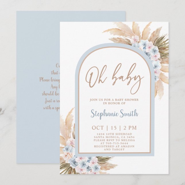 Invitation Blue Pampas Grass Arch Baby shower garçon Invitati (Devant / Derrière)