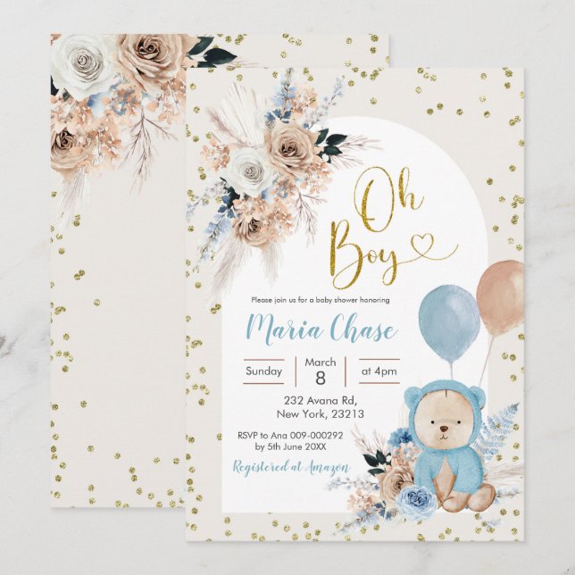 Invitation Blue Pampas Grass Boho Ours Baby shower garçon (Devant / Derrière)
