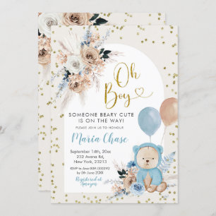 Invitation Blue Pampas Herbe Boho Ours Garçon Baby shower Inv