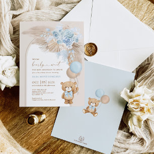 Invitation Blue Pampas Teddy Bear Balloon Baby shower garçon