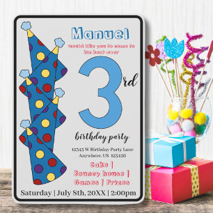 Invitation Blue Party Casquettes 3ème anniversaire fête enfan