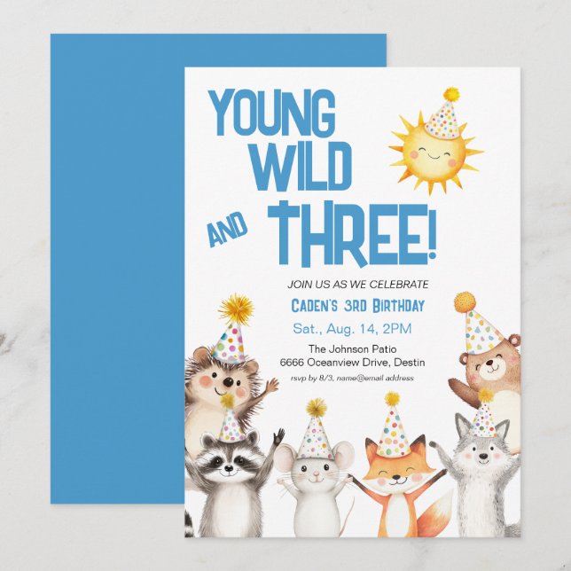 Invitation Blue Party Forest Animaux Casquettes 3e anniversai (Devant / Derrière)