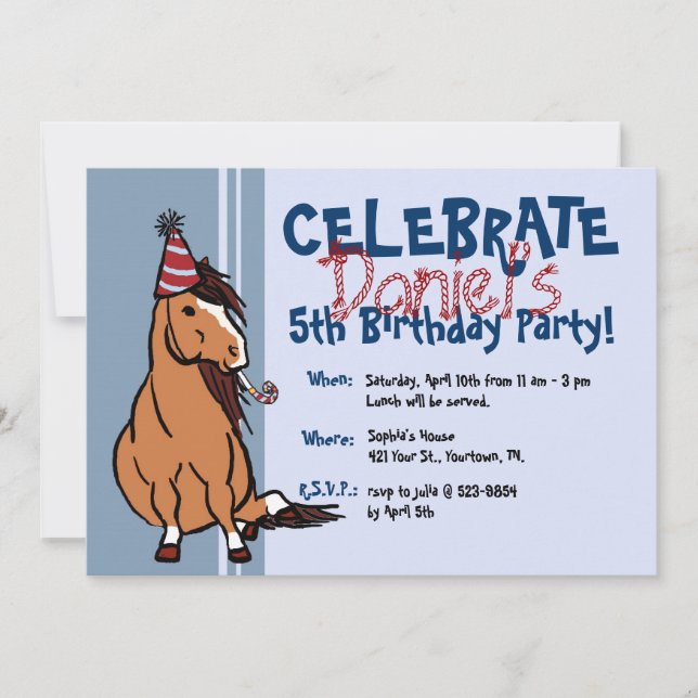 Invitation Blue Party Pony Boys 5e anniversaire (Devant)