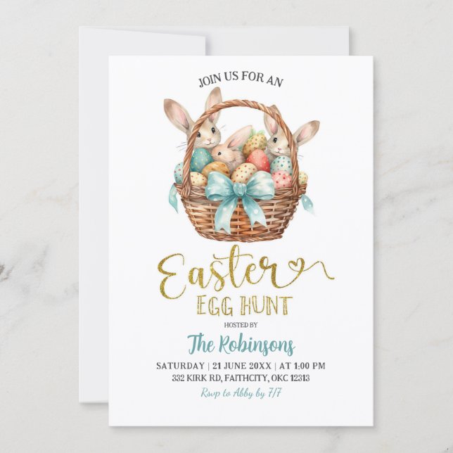 Invitation Blue Pastel Bow Bunny Basket Easter Egg Hunt Party (Devant)