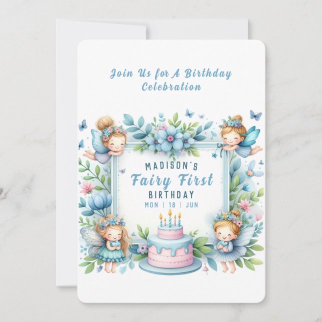 Invitation Blue Pastel Floral Fairy First Birday - (Devant)