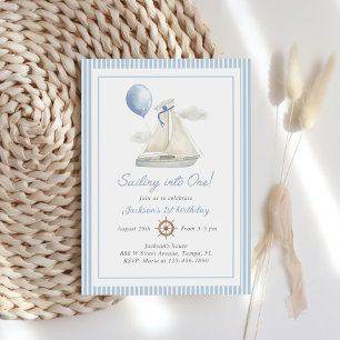 Invitation Blue Pastel Nautical Sail Bateau 1er Anniversaire