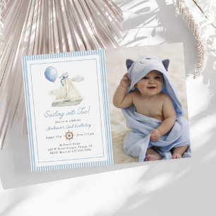 Invitation Blue Pastel Nautical Sail Boat 2e anniversaire Pho