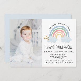 Invitation Blue Pastel Rainbow de Fun 1er Anniversaire Photo