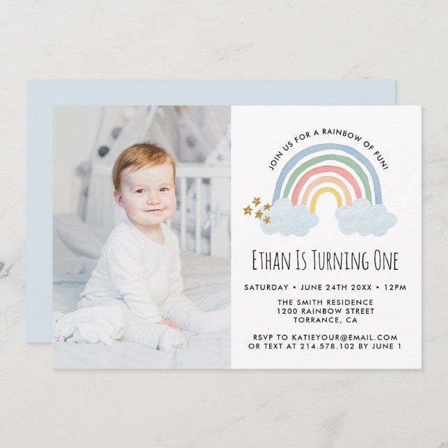 Invitation Blue Pastel Rainbow of Fun 1er Anniversaire Photo (Devant / Derrière)