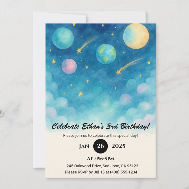 Invitation Blue Pastel Space Sky Birthday  (Devant)