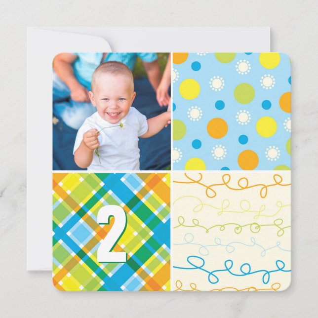 Invitation Blue Patchwork Motif Carrés Boy Photo Anniversaire (Devant)