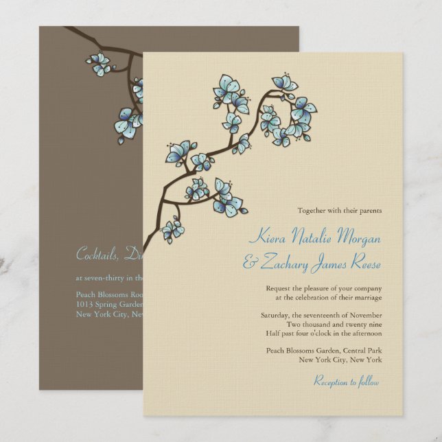 Invitation Blue Peach Blossoms Sakura Asiatique Mariage Invit (Devant / Derrière)