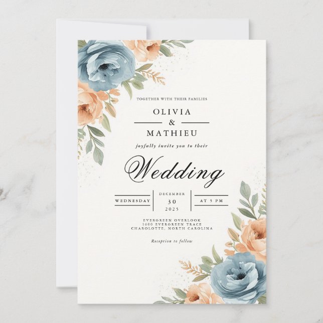 Invitation Blue Peach Botanical Archway Wedding (Devant)