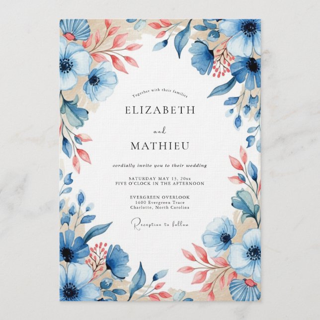 Invitation Blue Peach Floral Bloom Wedding (Devant)