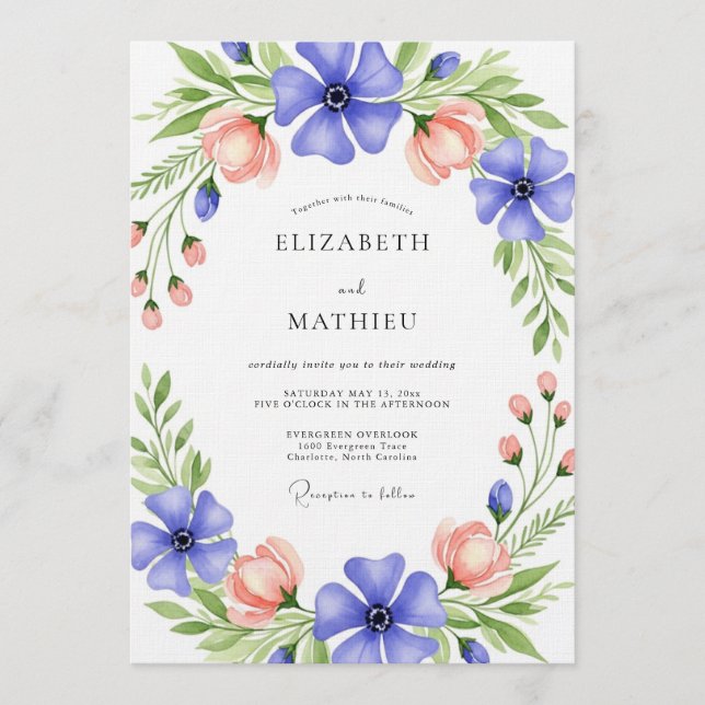 Invitation Blue & Peach Floral Whimsy Wedding (Devant)