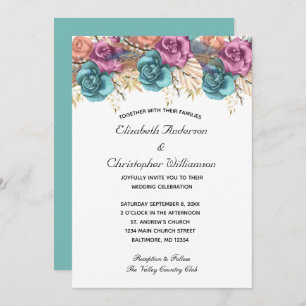 Invitation Blue Peach Rose Floral Formal Elégant Mariage