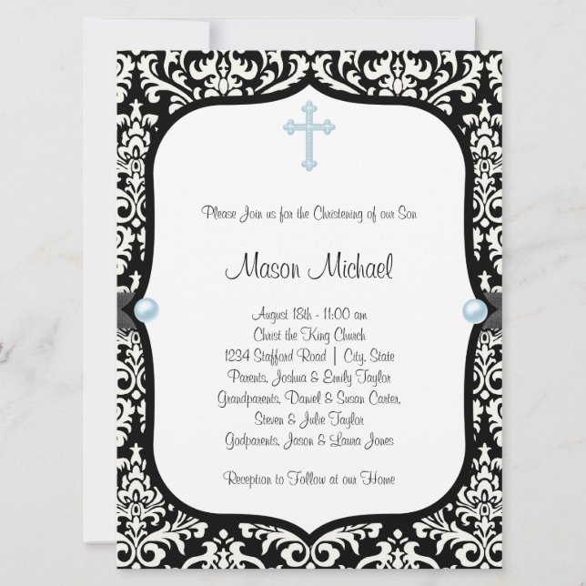 Invitation Blue Pearl Croix Bleu Noir Damas Christening (Devant)