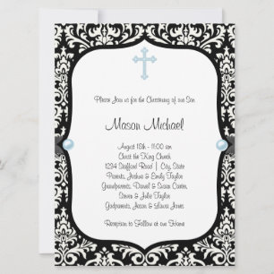 Invitation Blue Pearl Croix Bleu Noir Damas Christening