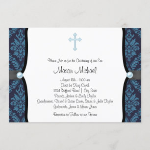 Invitation Blue Pearl Croix Bleu Noir Damas Christening