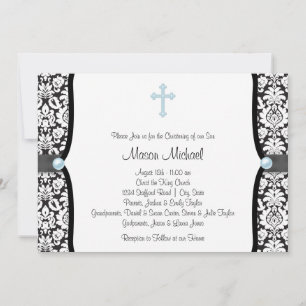 Invitation Blue Pearl Croix Bleu Noir Damas Christening