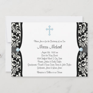 Invitation Blue Pearl Croix Bleu Noir Damas Christening