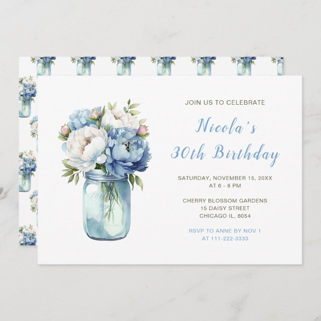Invitation Blue Peonies Mason Jar fête d'anniversaire (Devant / Derrière)