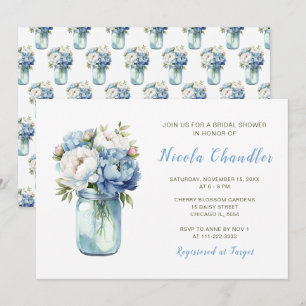 Invitation Blue Peonies Mason Jar Fête des mariées