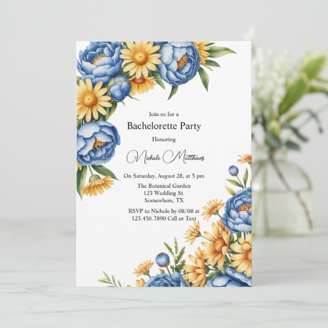 Invitation Blue Peony et Jaune Daisées Bachelorette Party (Debout devant)